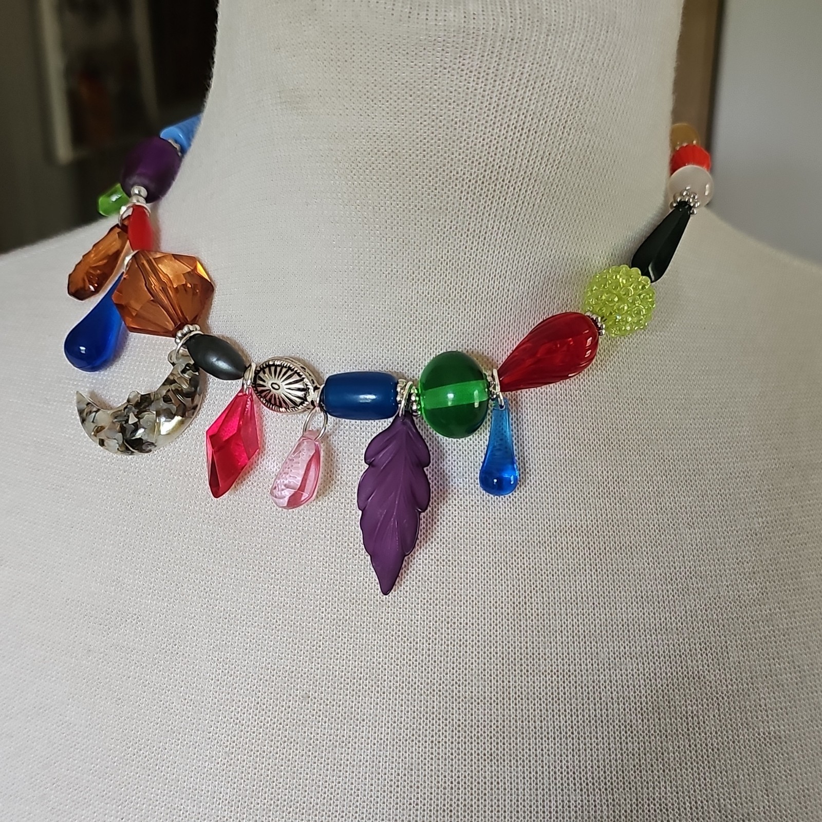 Vtg Acrylic Beaded Charm Necklace w/ Acrylic Dangles Handmade Colorful Chunky