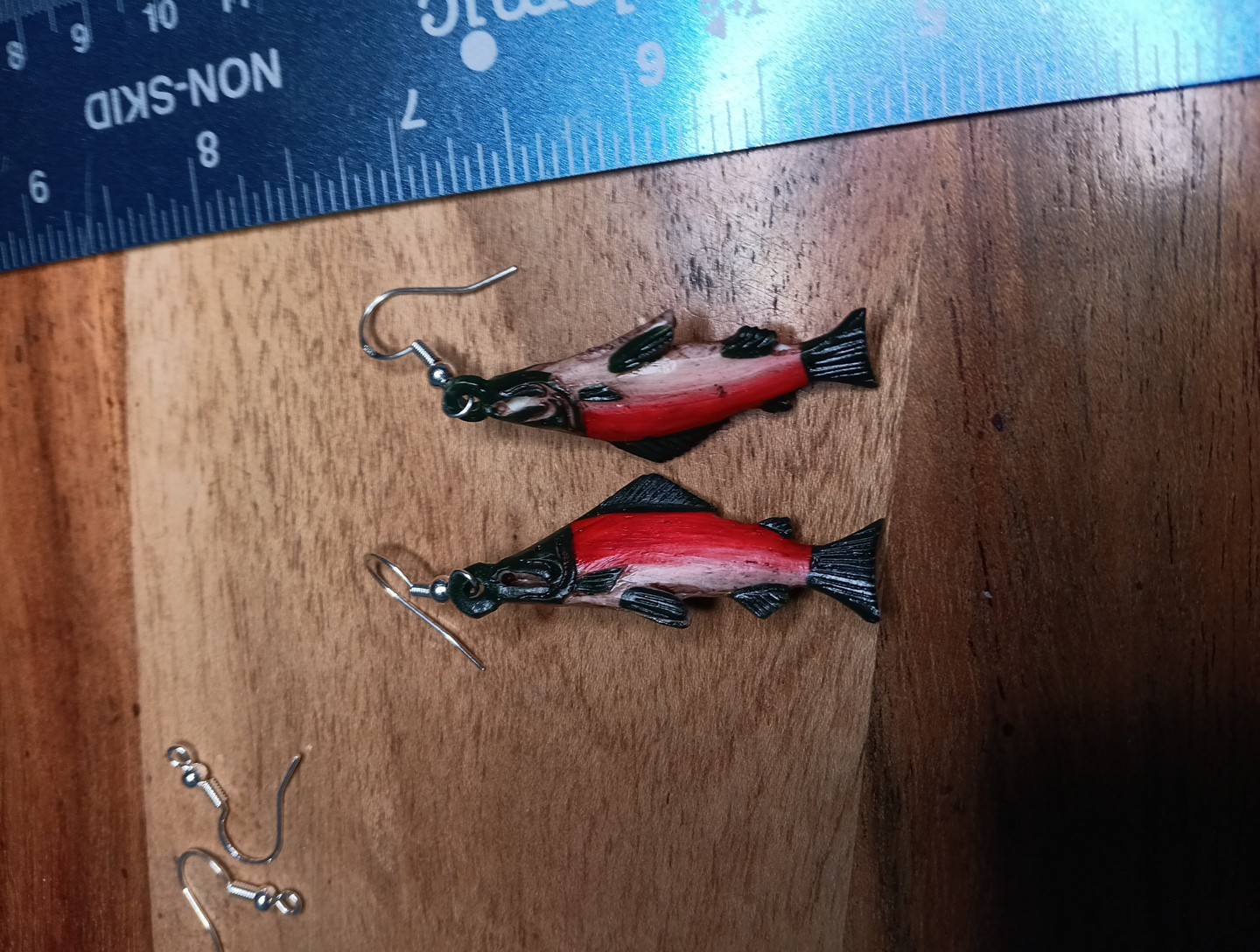 HANDMADE CARVED WATER BUFFALO BONE RED SALMON EARRINGS ALASKA BONEYARD