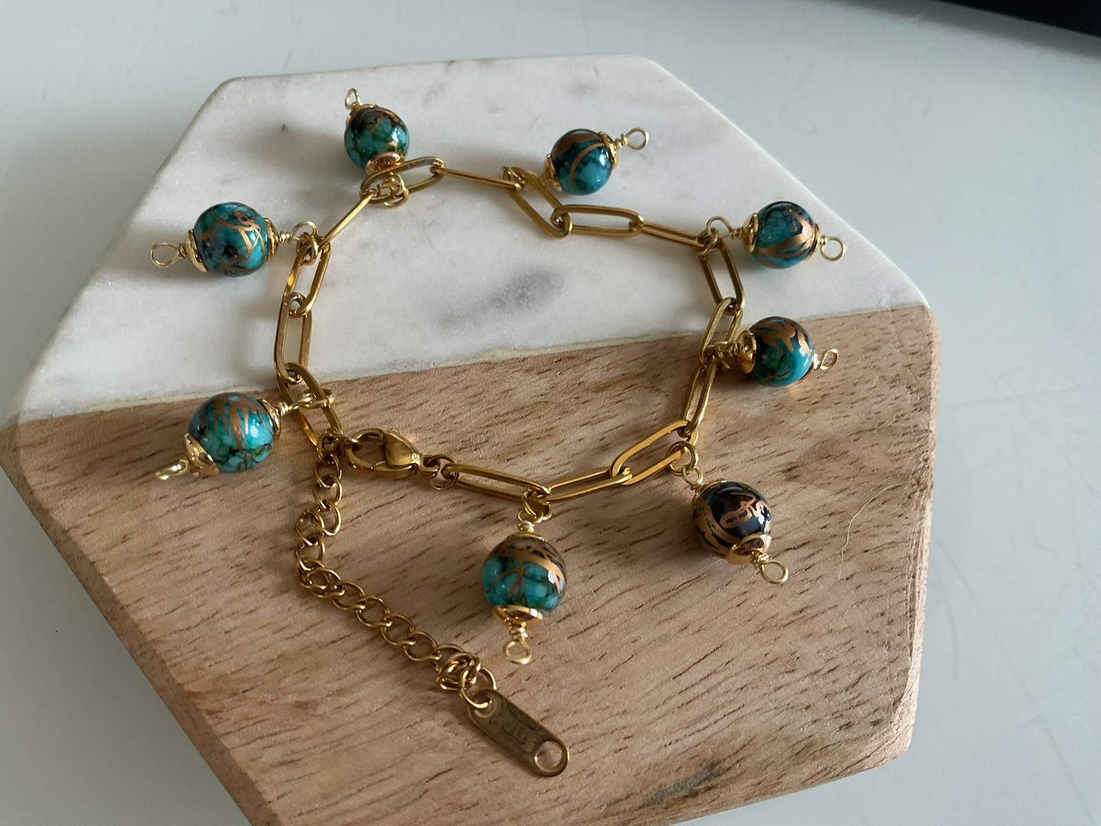 Gold Paperclip Chain Bracelet Turquoise Murano Glass Bead Charms