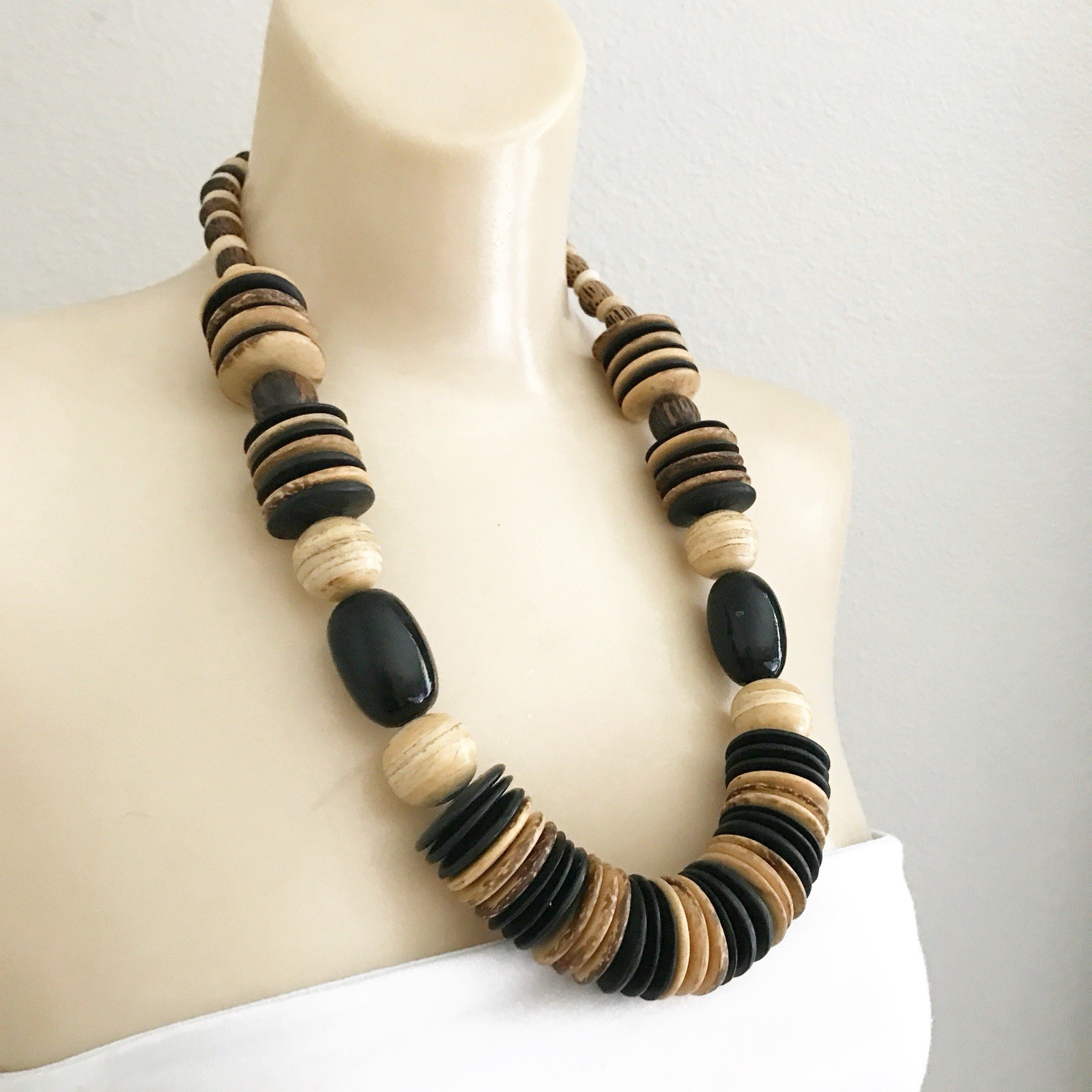 Vintage Chunky Long Wood Bead Necklace Boho Statement Earth Tone Jewelry