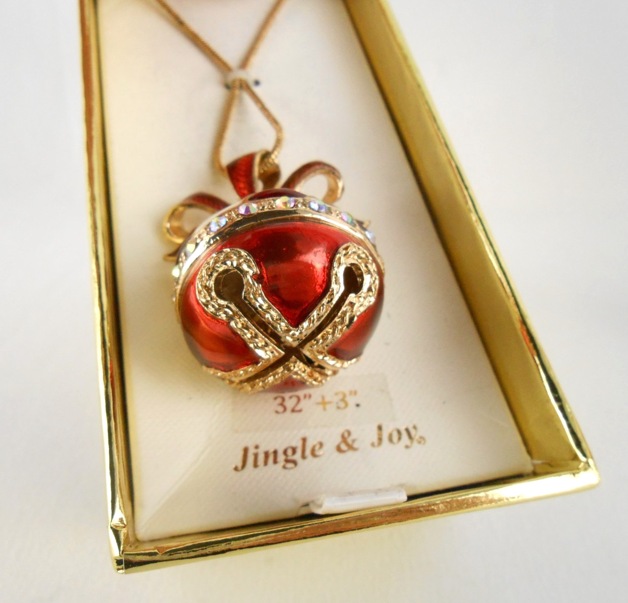 Jingle And Joy Red Enamel Bell Necklace Crystal Rhinestone Accents Christmas New