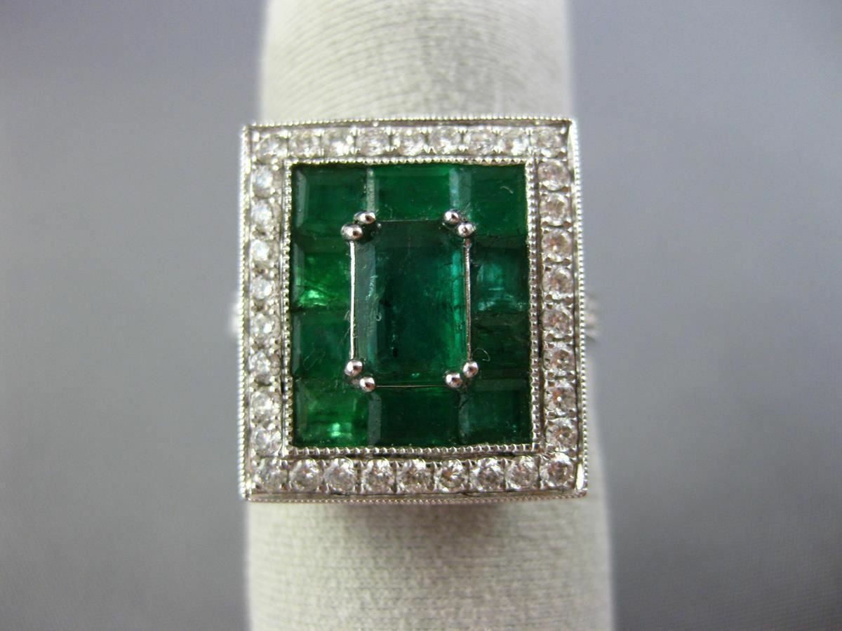 LARGE 3.24CT DIAMOND & AAA COLOMBIAN EMERALD 18K WHITE GOLD FILIGREE SQUARE RING
