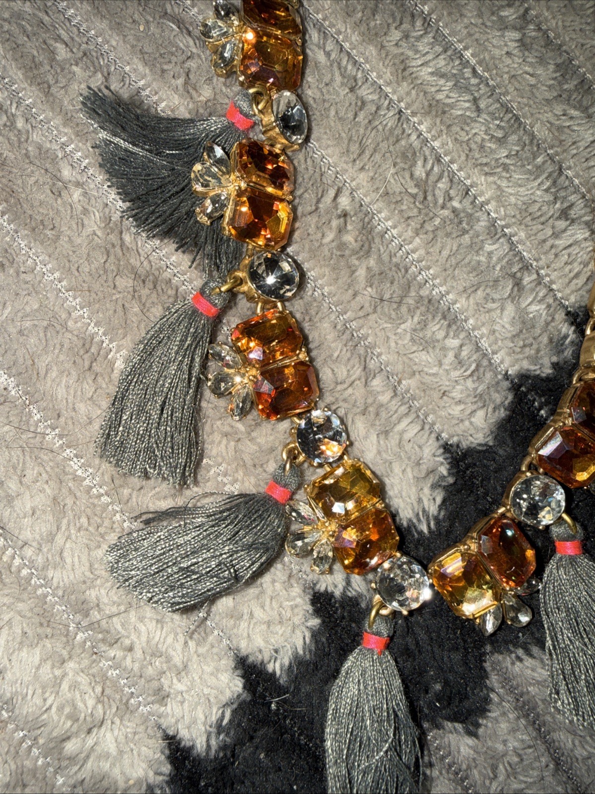 Vtg NWT J crew rhinestone tassel statement necklace pink orange grey tassel stat