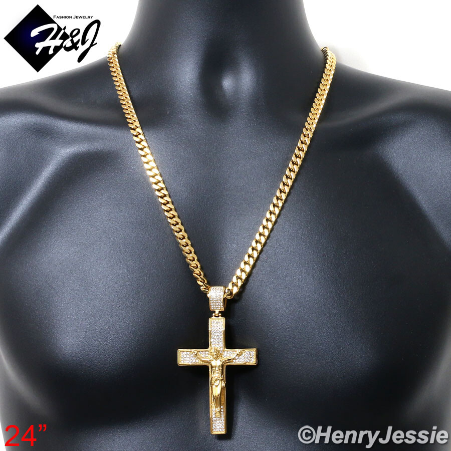 18-40″MEN Stainless Steel 7mm Gold Plated Miami Cuban Chain CZ Cross Pendant*142