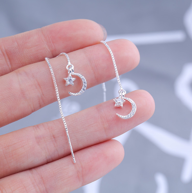 925 Silver Crescent Moon Star CZ Ear Thread Through Threader Pull Earrings PE2