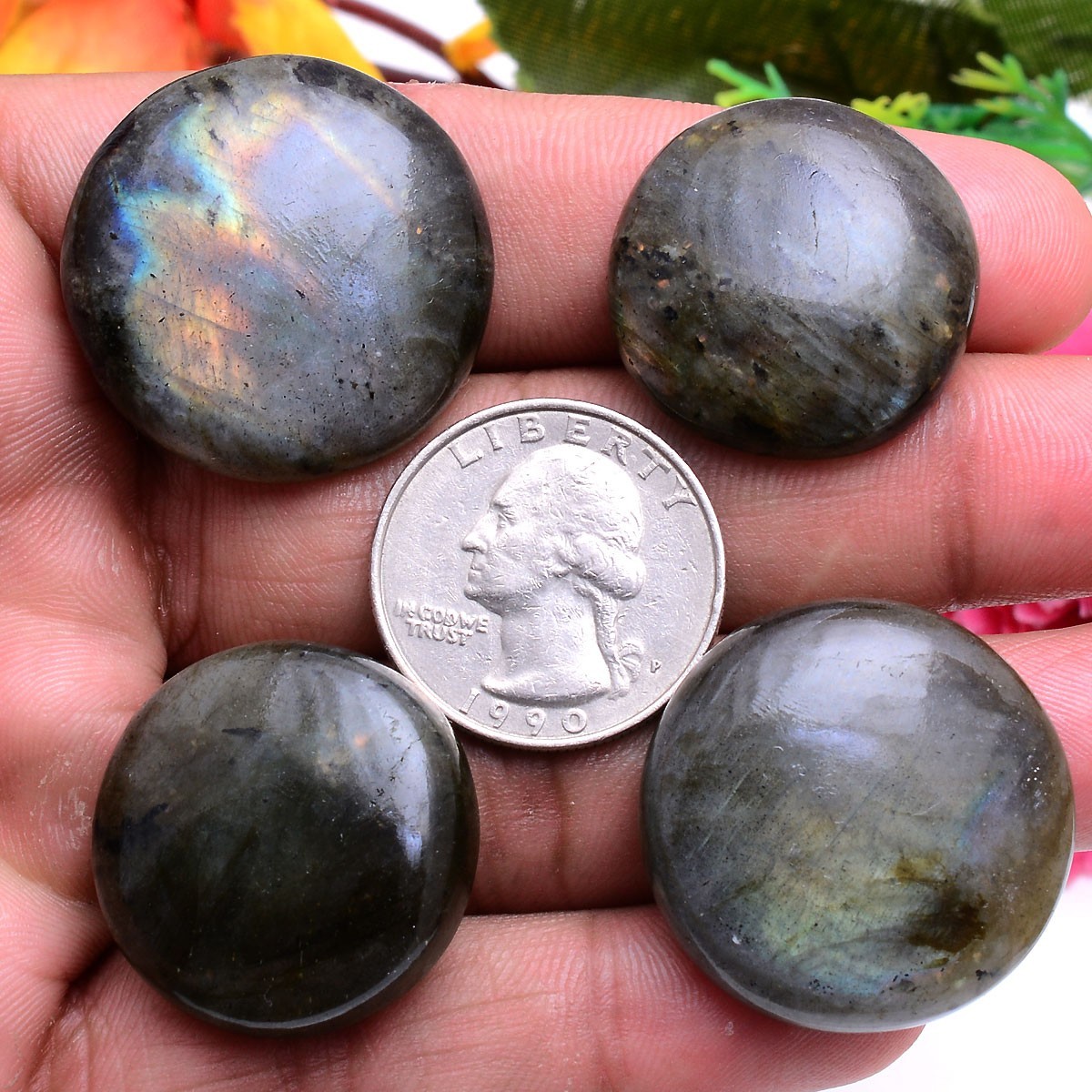 4 Pcs Natural Labradorite Flashy Round Cabochon Glossy Loose Gemstones~25mm-29mm