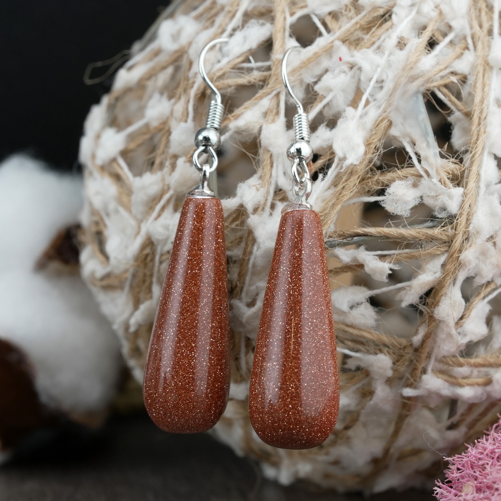 Gold Sandstone Goldstone Crystal Gemstone Teardrop Earrings Silver Jewelry Girls