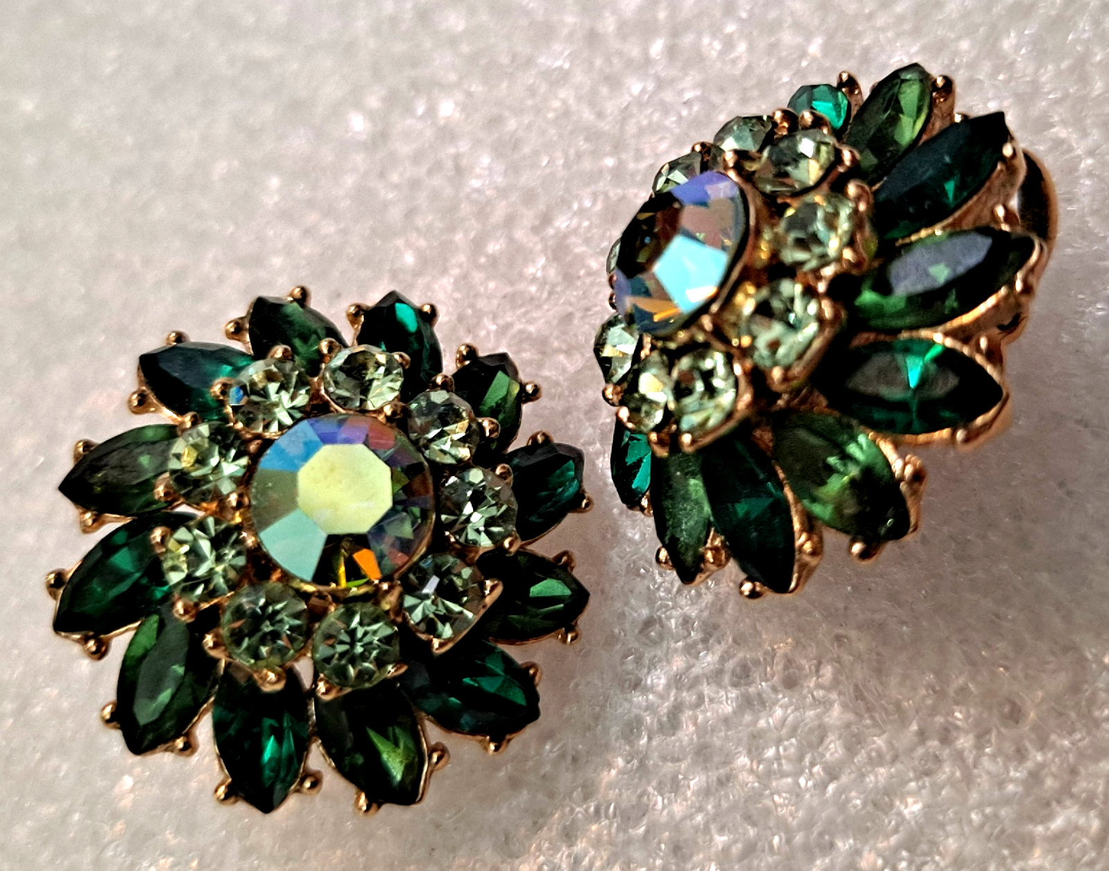 Trifari Rich Green Ira Desert Rhinestone & Aurora Borealis Clip Earrings