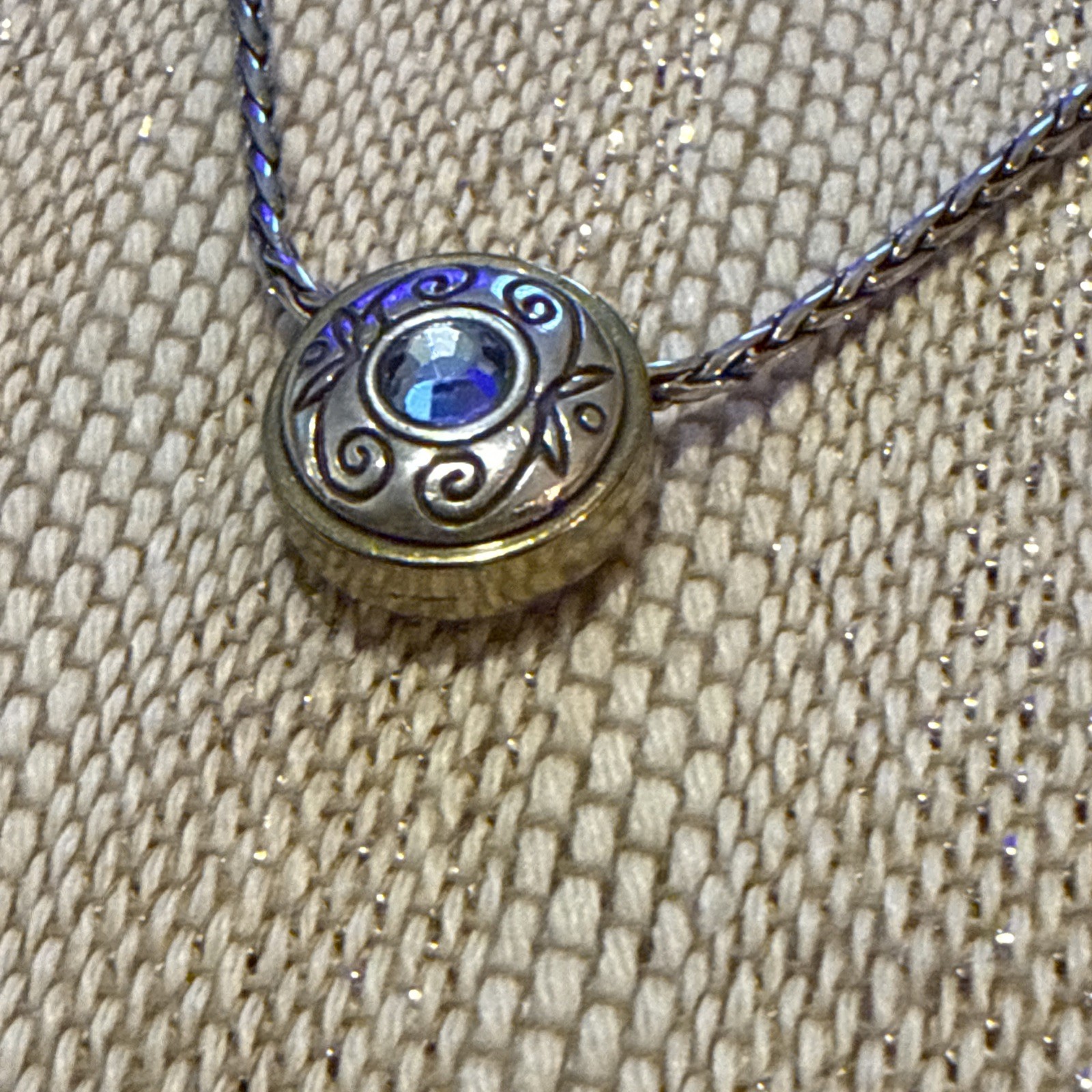 Brighton Silver Tone Chain Necklace Blue Swarovski Crystal Charm Gold Accents