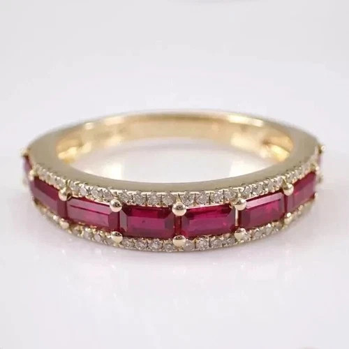 July Birthstone Gift Emerald Cut Natural Ruby & Diamond Eternity Band 14K Gold