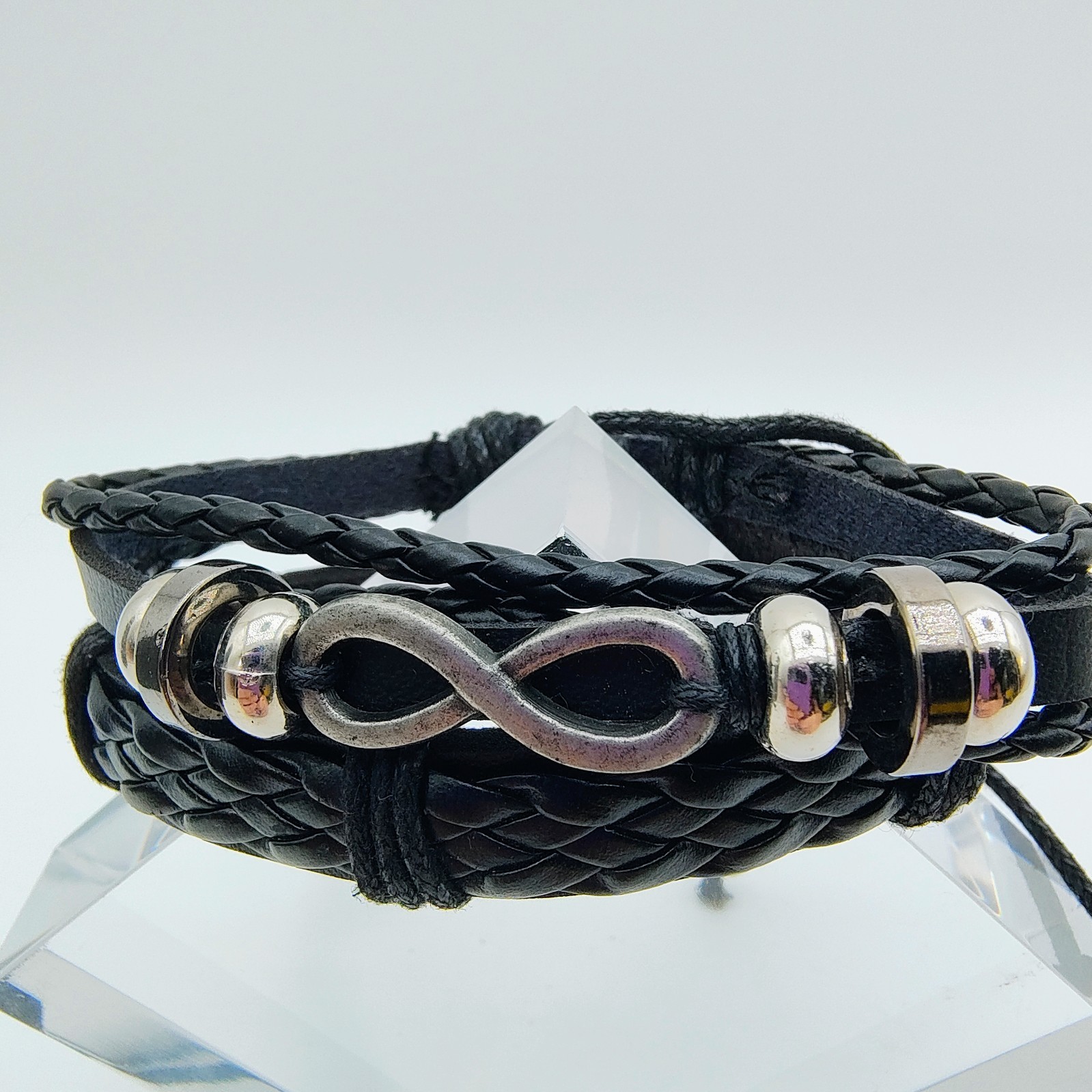 Black Faux Leather Bracelet Set of 2 Silver Tone Infinity Y2K Rock Indie Grunge