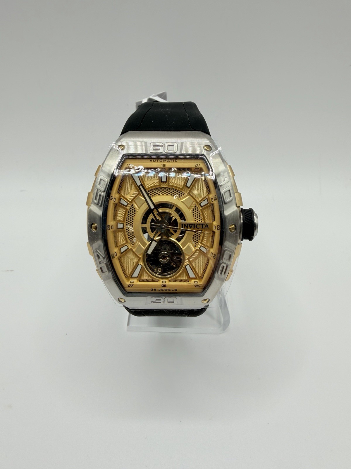Invicta S1 Rally Oversteer Auto Skeleton Gold Dial Black Silicone Open Heart