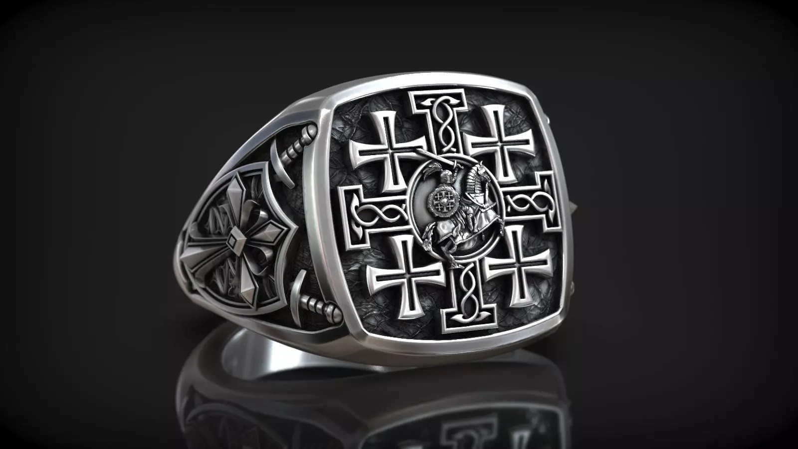 Oxidized Mens Jerusalem Cross Crusader Knight Medieval 925Silver Statement Rings