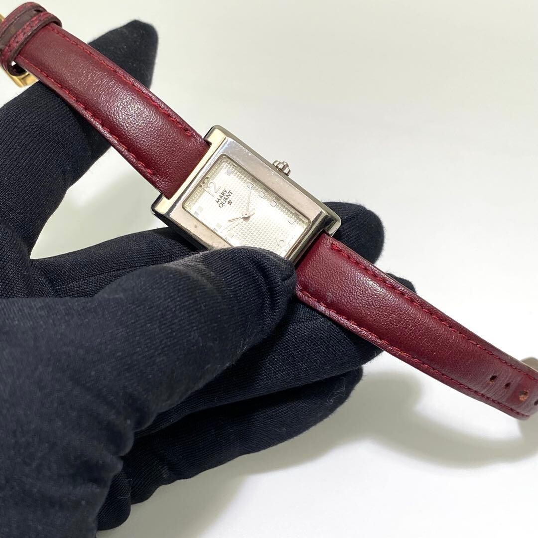 MARY QUANT Wristwatch Rectangle Quartz Silver Burgundy Vintage Authentic