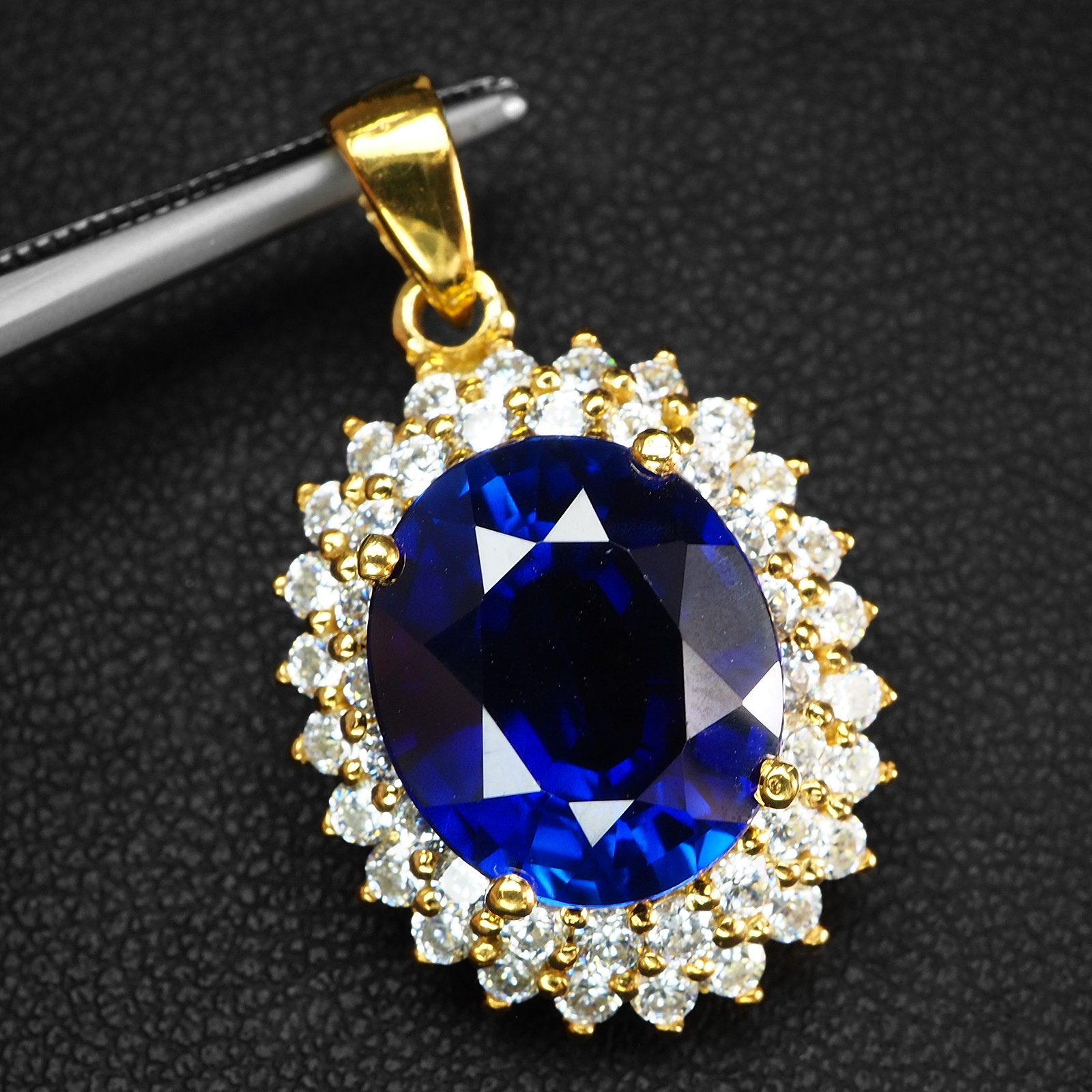 DOUBLE HALO PENDANTS 24K GOLD 925 STERLING SILVER VIVID BLUE SAPPHIRE 9.05CT