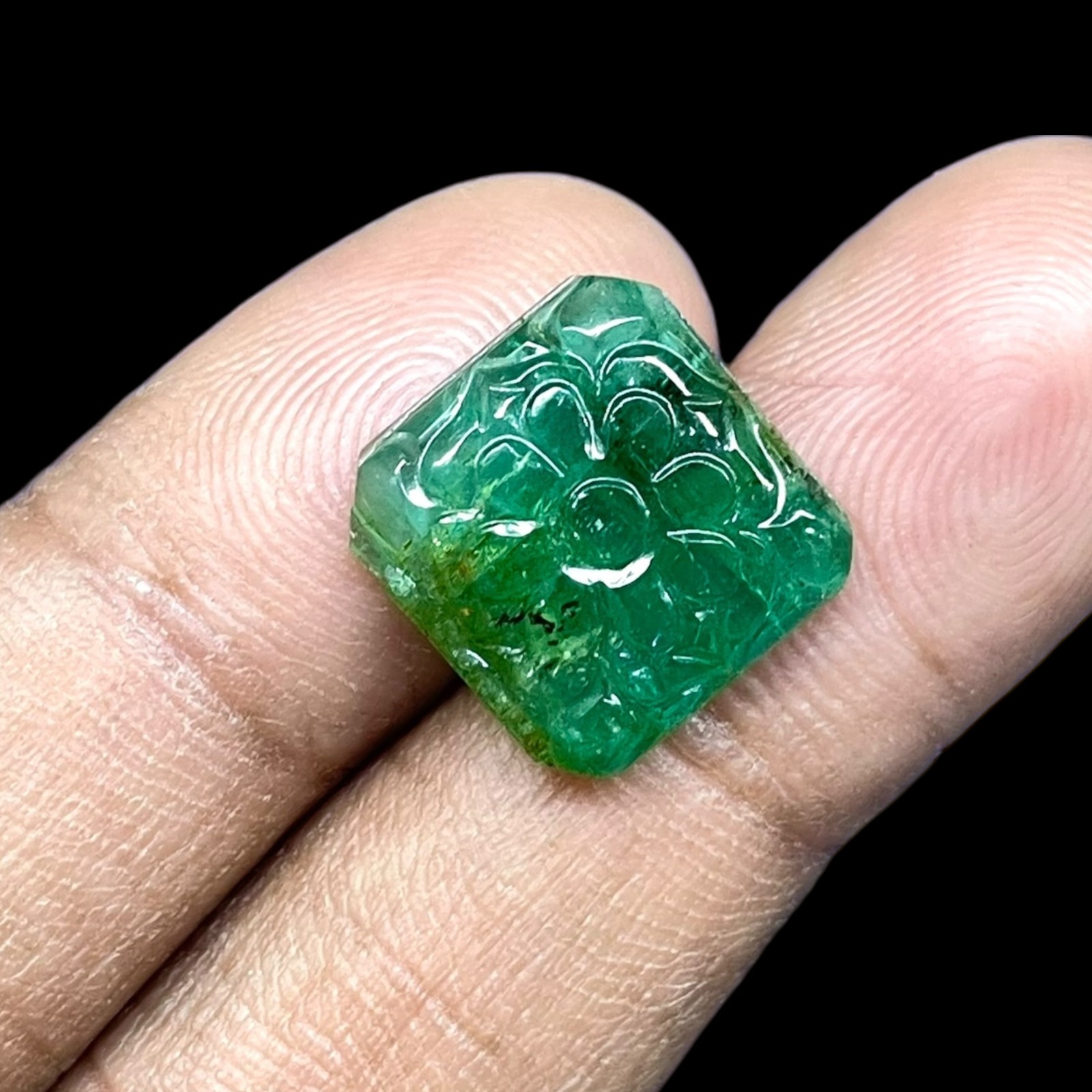 6.70 Cts Natural Zambian Emerald 14×13.7mm Rich Green Carved Untreated Gemstone