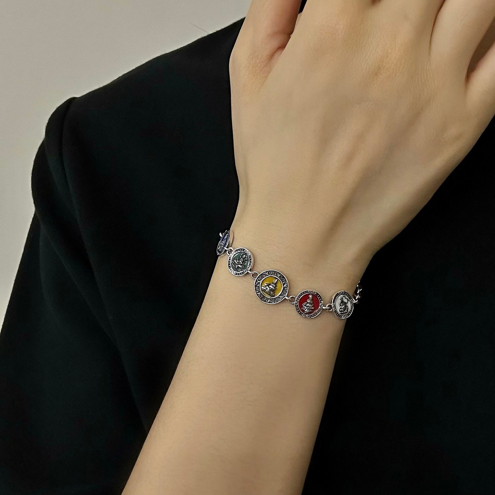 Tibetan Five Wealth God Enamel Station Bracelet Reversible Amulet S925 Silver