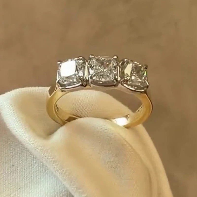 3.30CTW Cushion Moissanite Three Stone Engagement Ring 14K Multitone Gold Plated