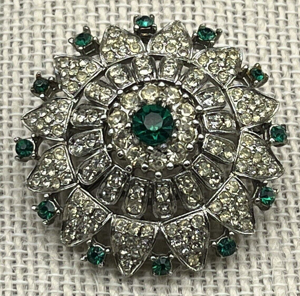 Vintage R.Mandle w/Crown Dome Brooch With Emerald Green and Clear Rhinestones