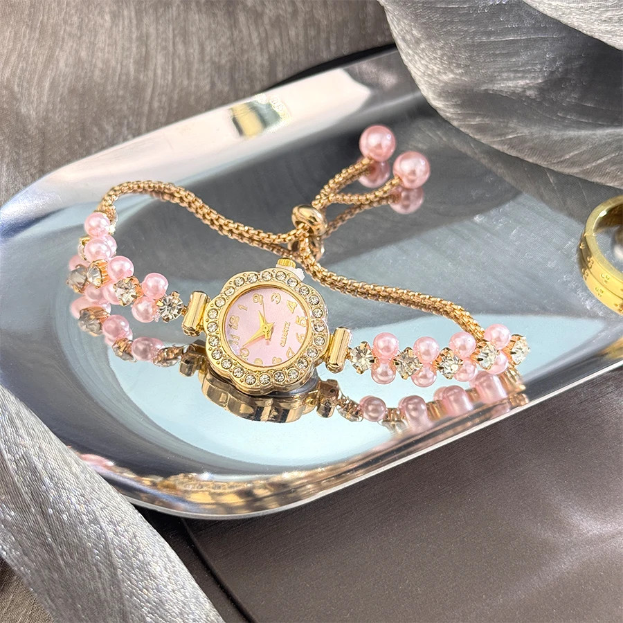 Double-Row Pearl Pull-Open Bracelet Diamond-Encrusted Case Arabic Numeral Scale