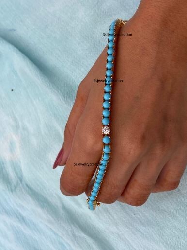 Sleeping Beauty Turquoise Round Cabochon Tennis Bracelet In 925 Silver