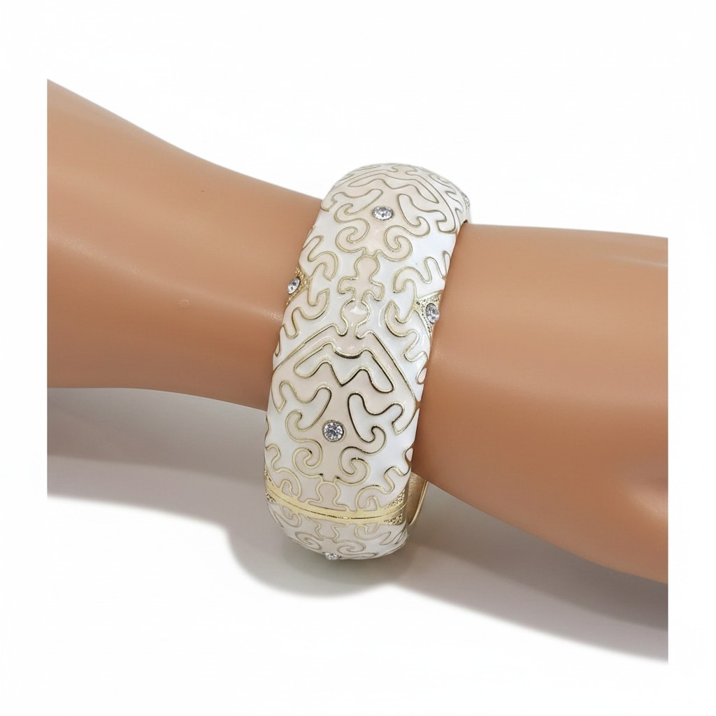 Gorgeous Gold Plated White Beige Enamel Crystal Hinged Bangle Bracelet NWOT