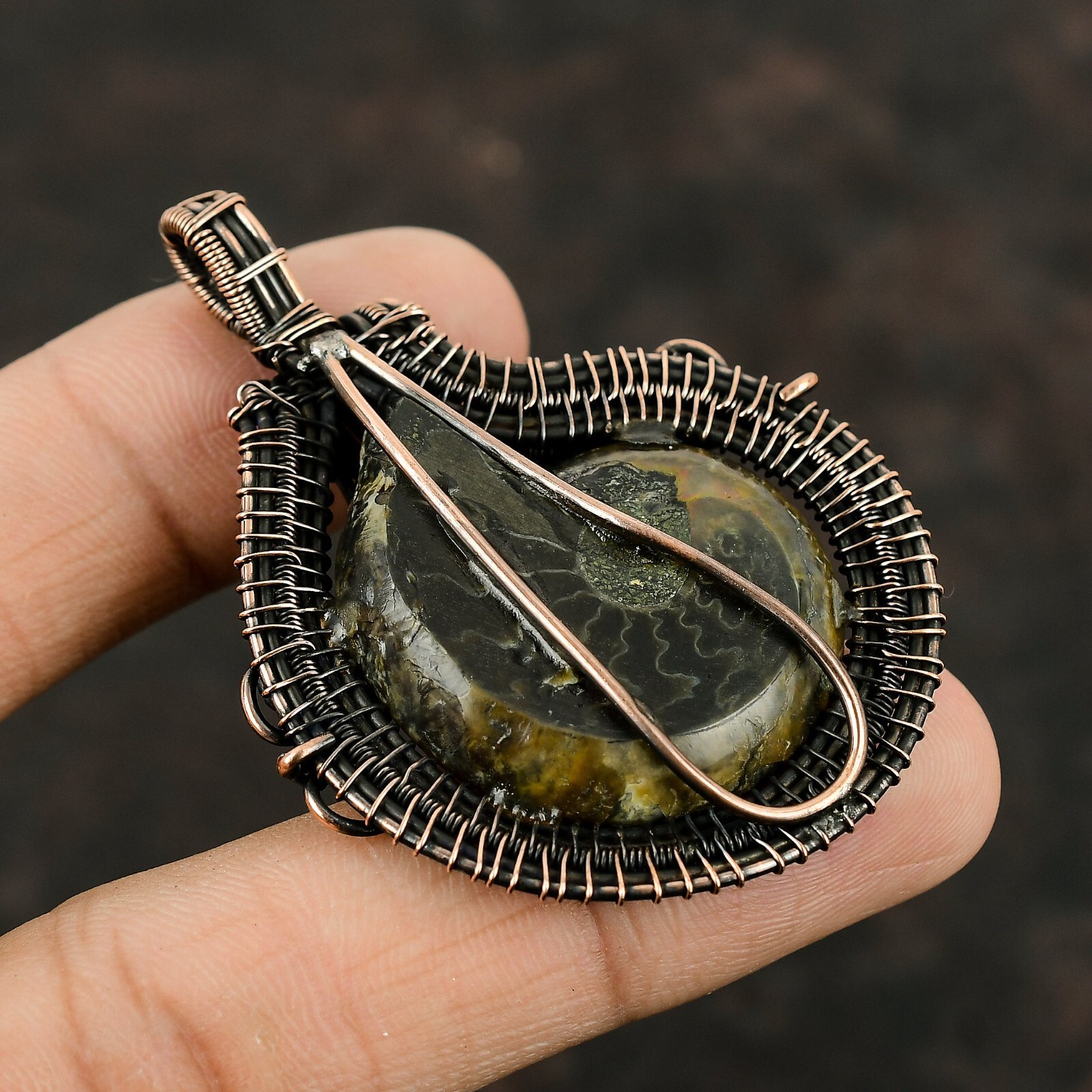 Ammonite Fossil Jewelry Copper Gift For Sister Wire Wrapped Pendant 2.44″