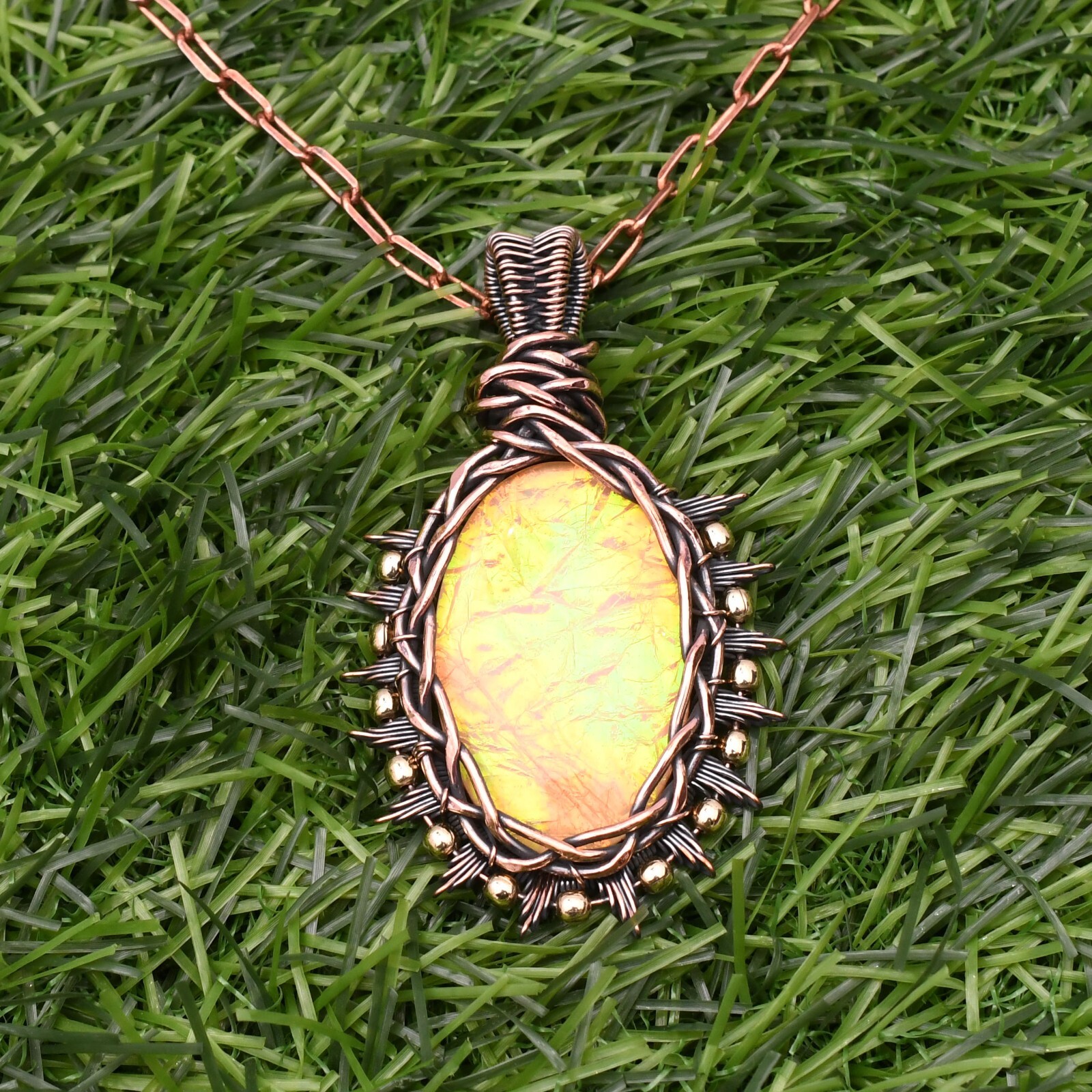 Triplet Fire Opal Gemstone Copper Wire Wrap Handmade Jewelry Pendant 2.28″