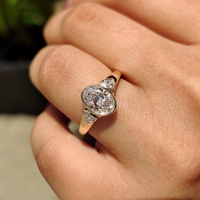 Oval Cut Lab Grown Diamond Three Stone Ring Full Bezel Set Engagement Ring IGI