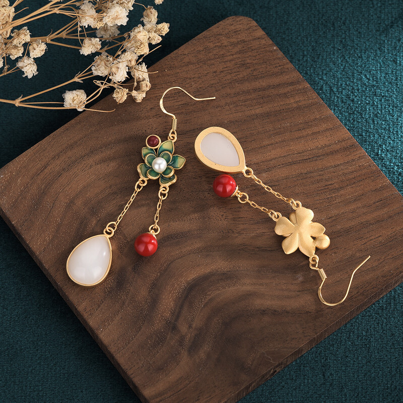 Chinese Style Retro Vintage Hetian Jade Cloisonné Earrings Women Retro Jewelry