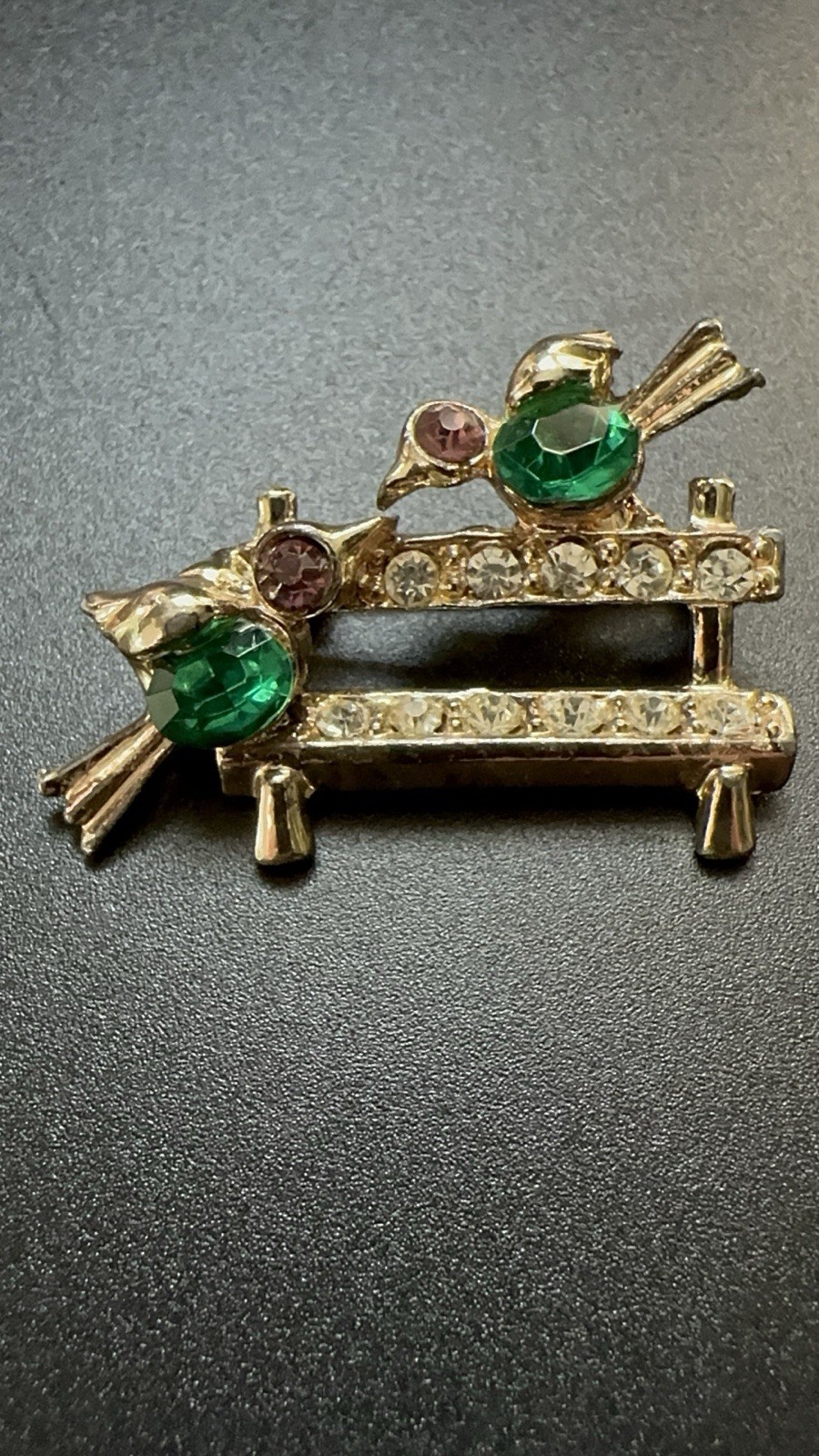 Lovebirds Birds on Fence Brooch Rhinestone Green Pink Gold Vintage Mid Century