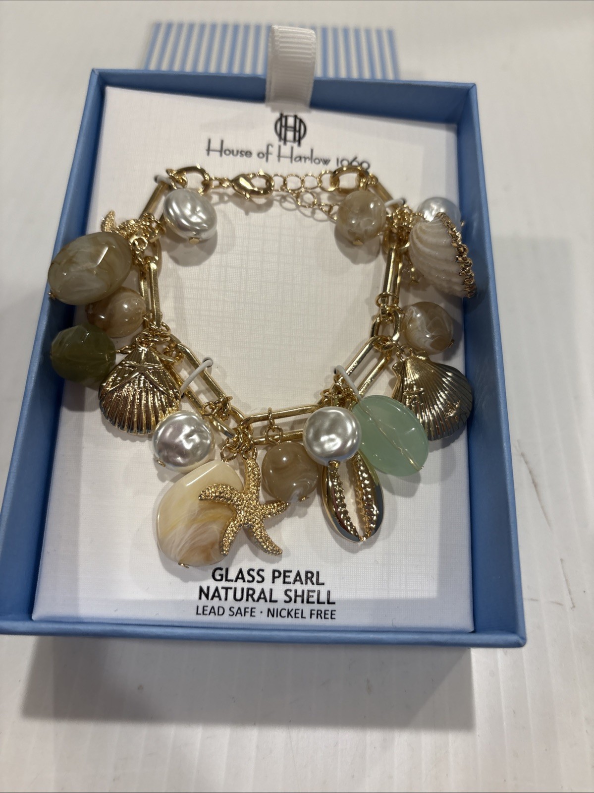 House of Harlow Glass Pearl and Natural Shell Beach Charm Bracelet NWT