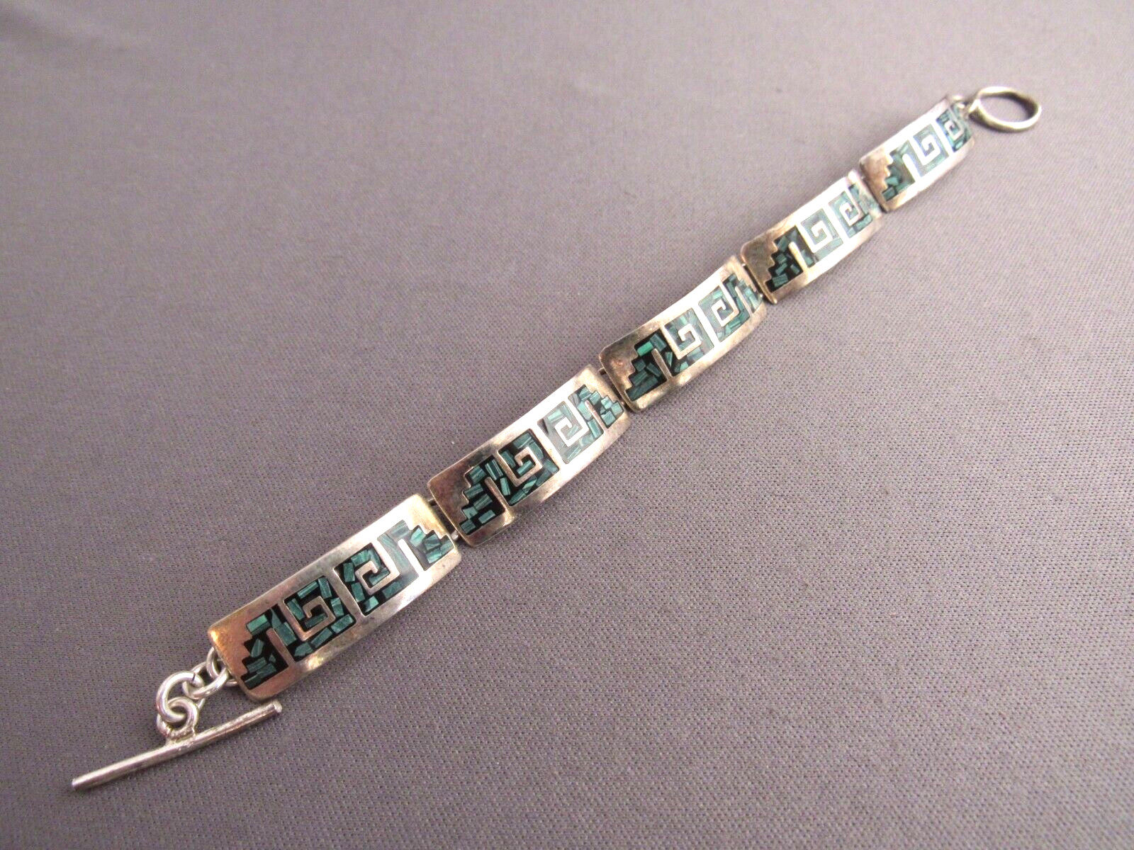 VINTAGE ALPACA NICKLE SILVER CURVE BAR GREEK KEY TURQUOISE INLAY TENNIS BRACELET