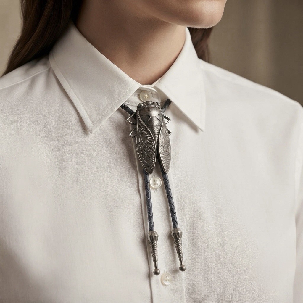 Western Insect Slide Bolo Tie Silver Tone Black Leather Cord Adjustable