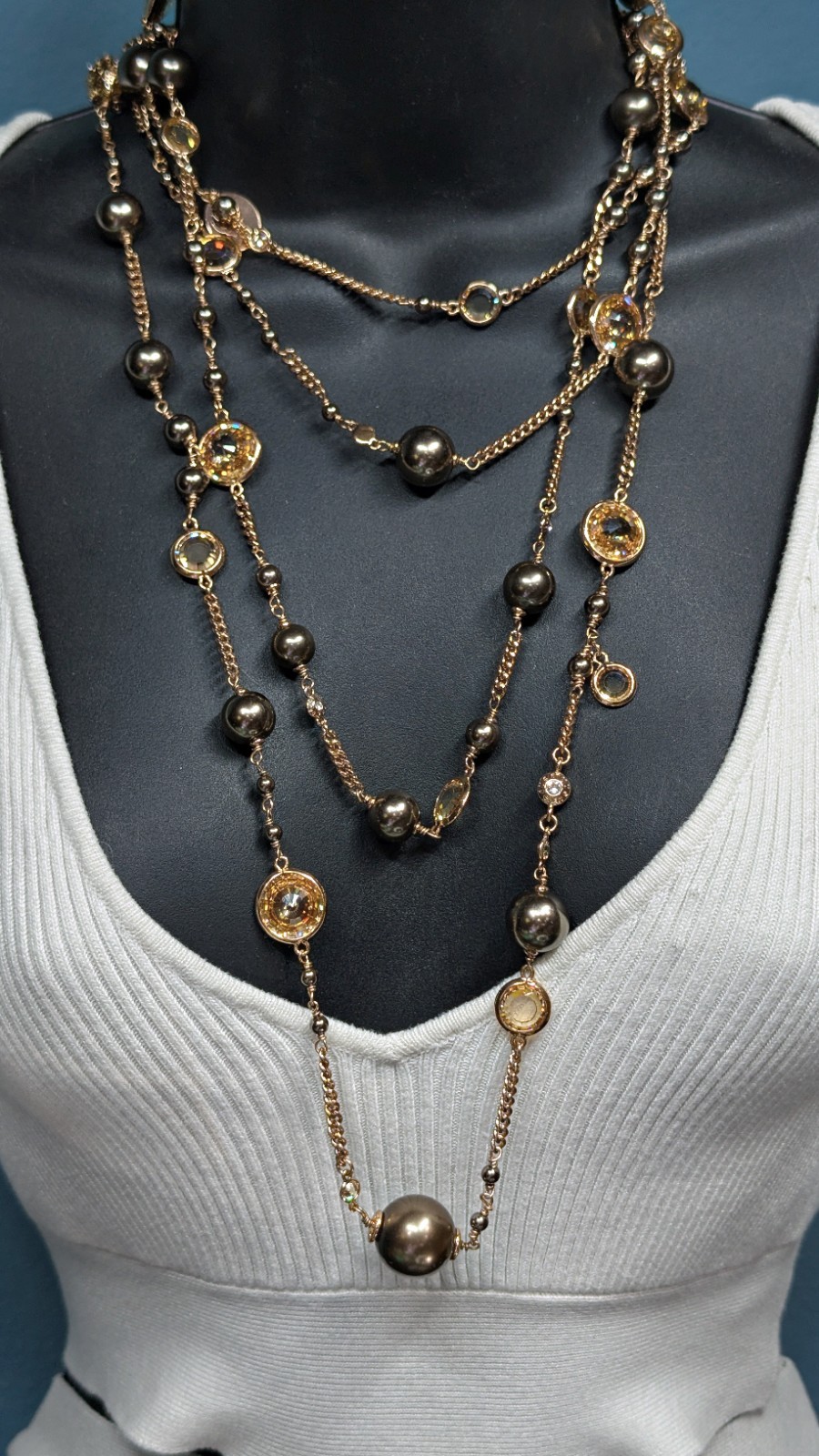 HENRI BENDEL Gold Rose Tone, Crysta & Faux Pearl Two Strand Long Necklace 40”