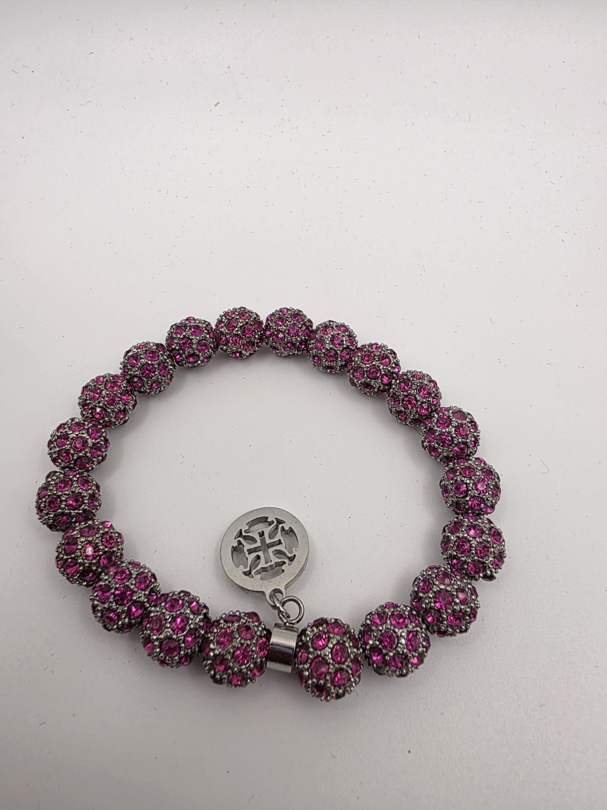 Rustic Cuff Emerson Pink Fuschia Crystal Shamballa Bead Stretch Bracelet & Charm