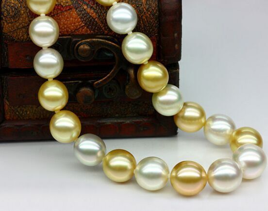 Huge 17″11-14mm Natural South Sea Genuine White Golden Round Pearl Necklace 1888