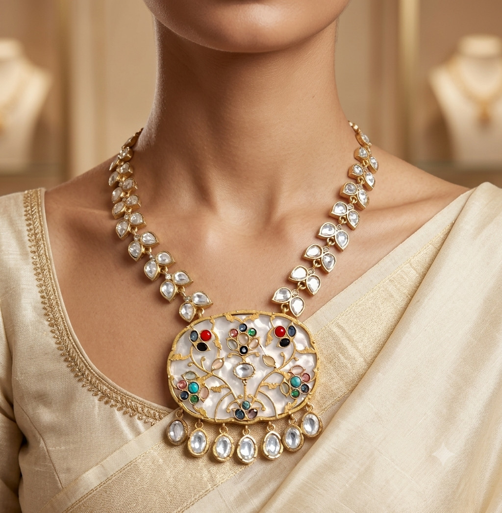 Zimal White Heritage Kundan Inlay Necklace Set Roz Jewellers.