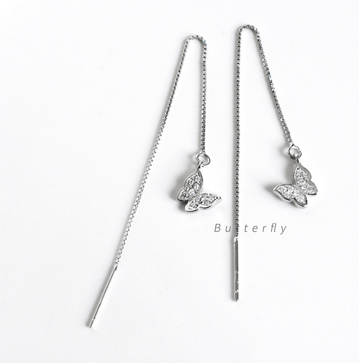 S925 Sterling Silver Butterfly CZ Dangle Pull Through Threader Earrings Box PE48