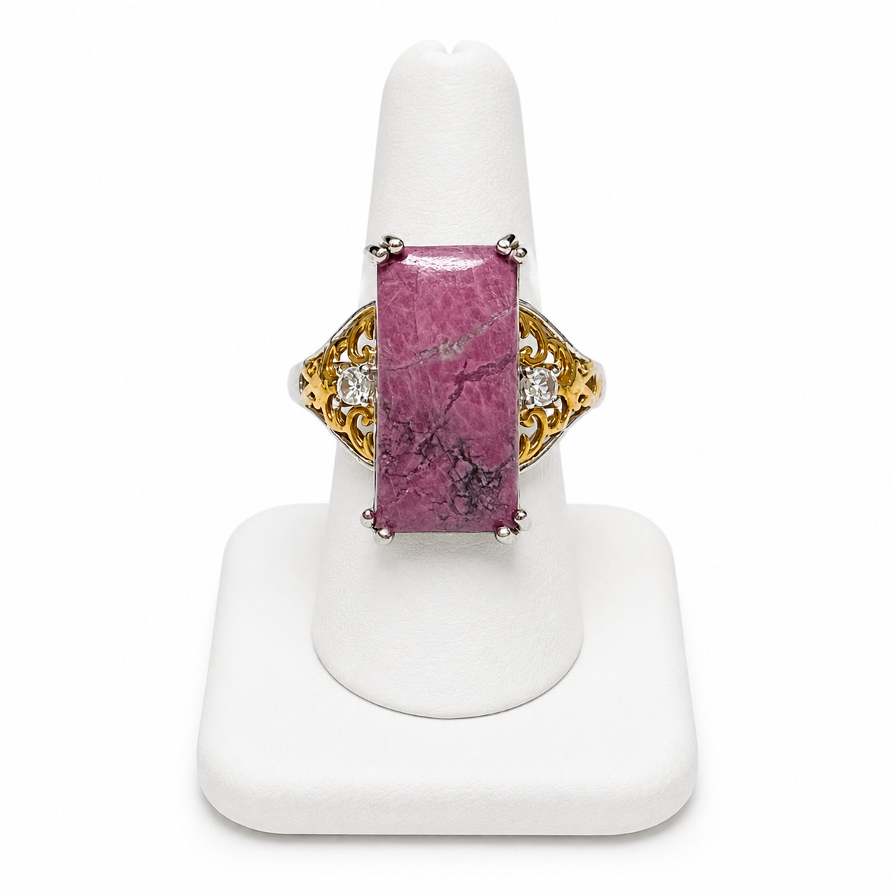 Statement Ring Pink Howlite White Topaz Ion Plated Gold Bonded Size 7 Rectangle