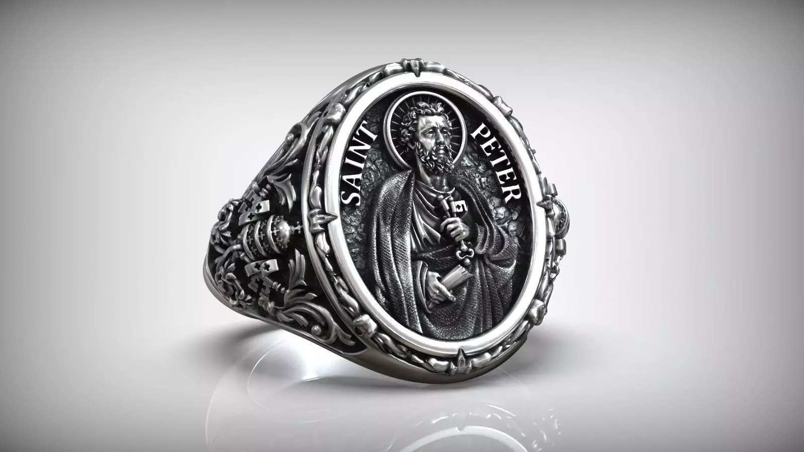 Oxidized Mens Saint Peter Apostle Keys Of Heaven Shield Christian 925Silver Ring