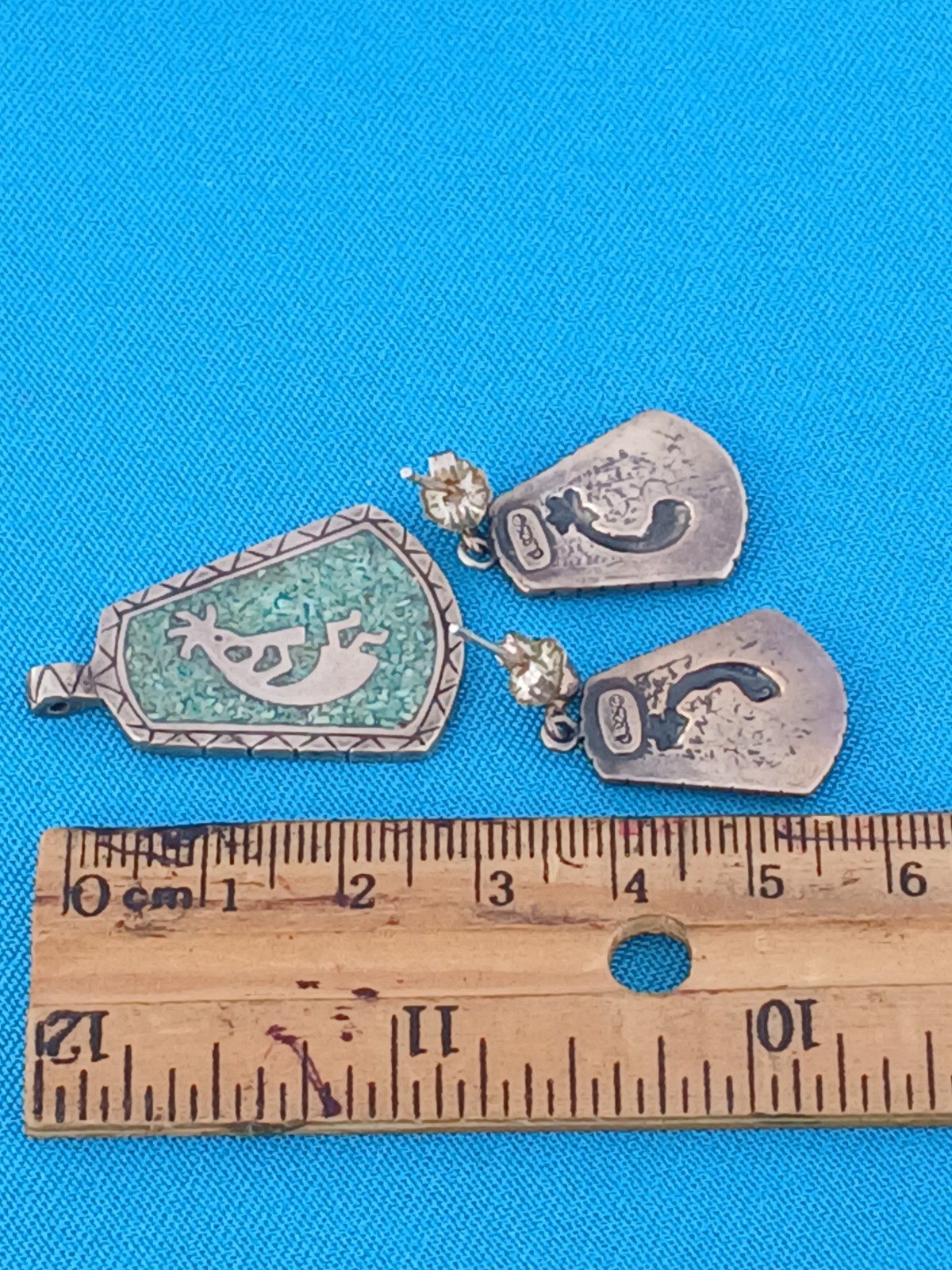 925 Sterling Silver Kokopelli Turquoise Inlay Pendant & Earrings Set