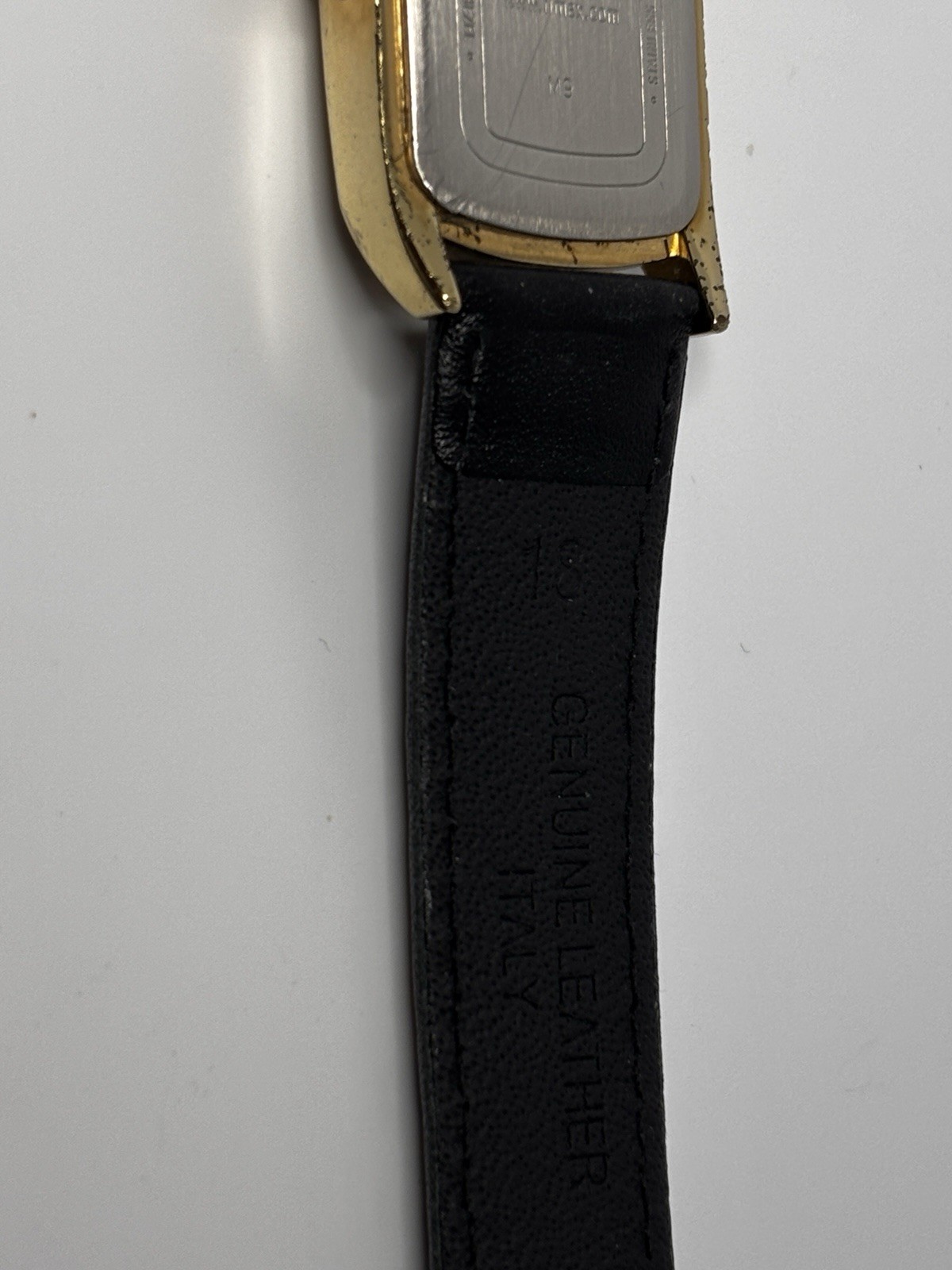Timex Rectangular Dress Quartz Watch White Dial Gold Tone Case Black Leather