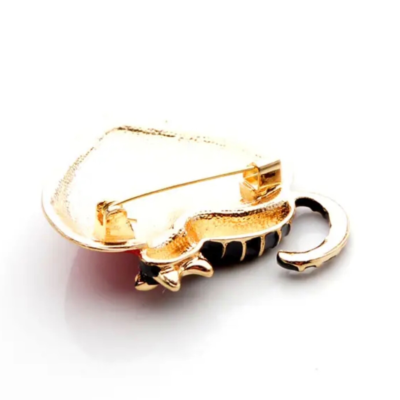 Rich red, shiny heart with comfy cat resting on top. Puffed up. Pin, brooch.