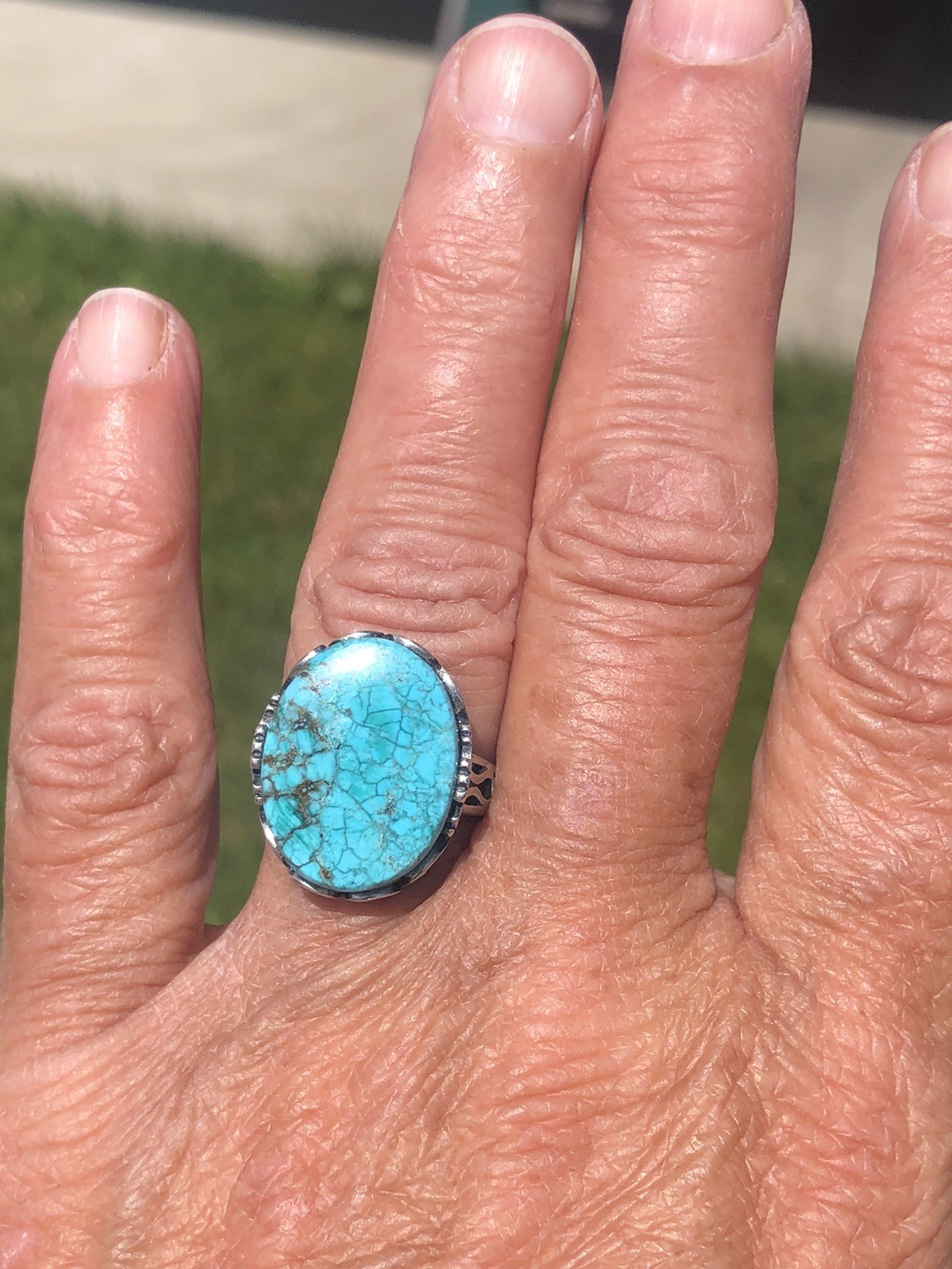 .925 Sterling Silver & Turquoise Handmade Ring 34 Carat GIE Cert. Adjustable