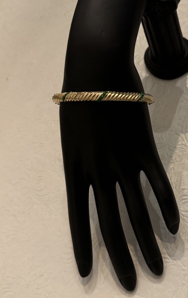 Vintage Marcel Boucher Bracelet Bangle 7511 Gold Swirl Ribbed Green Stones