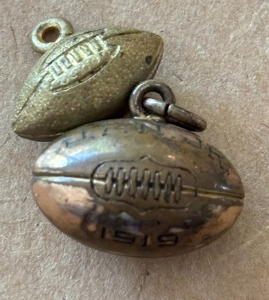 2 Antique FOOTBALL CHARMS 1919 J.F.N.JR./ SPS 20/G.S.O marks ST PAULS SCHOOL?