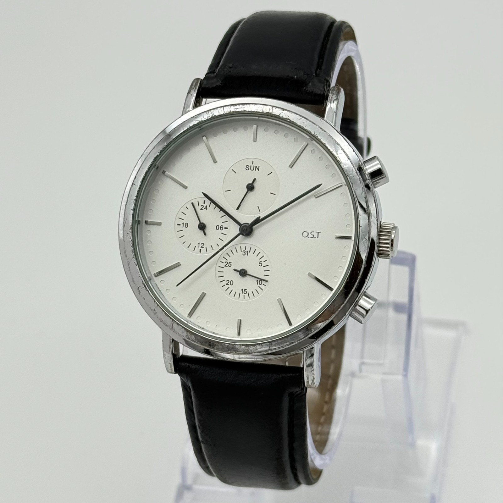 Men’s OST Silver Tone Bauhaus Style 40mm Quartz Watch, Black Leather, Day/Date