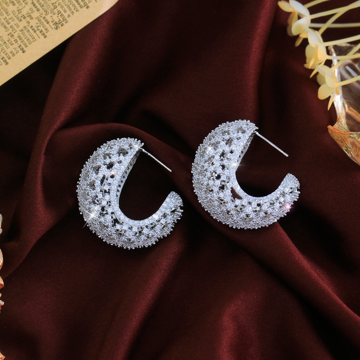 Luxurious Gold Plated Cubic Zirconia Curved Drop Hoop Earrings for Women Wedding