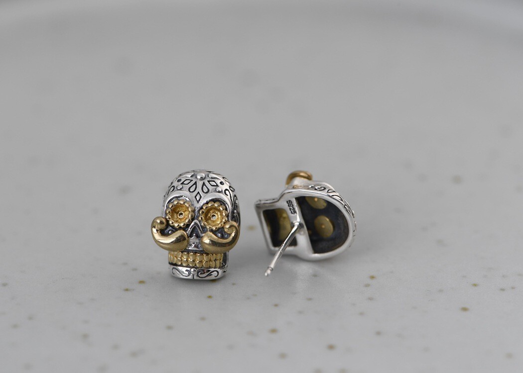Sterling Silver Sugar Skull Earrings Copper Mustache Studs Day of Dead Jewelry